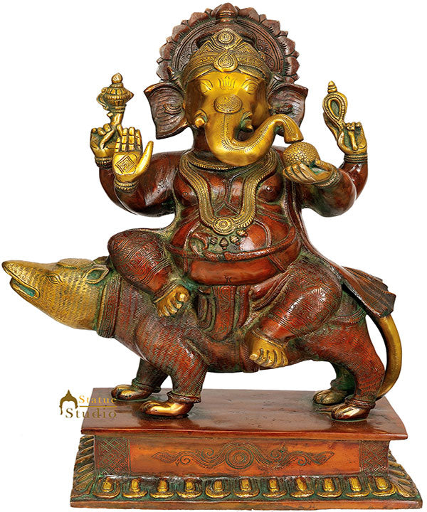 Large Size Handmade Lord Ganesha Statue Mounted On Mouse Ekakshara Roop 18"