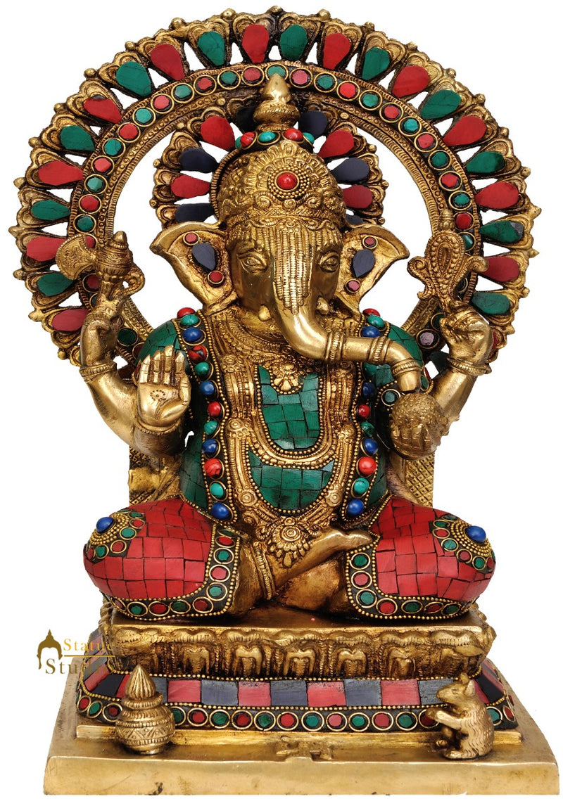 Shri Ganesha Sitting On Vedi Inlay Work Turquoise Coral Multicolour Red Blue 14"