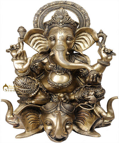 Big Size Deity Lord Ganesha Unique Style Sitting On Three Elephant Head 20.5"