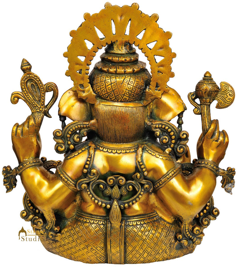Crown Wearing Brass Statue Of Hindu Devta Ganesh Ji In Sitting Posture 16.5"