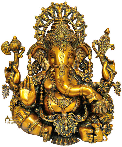 Crown Wearing Brass Statue Of Hindu Devta Ganesh Ji In Sitting Posture 16.5"