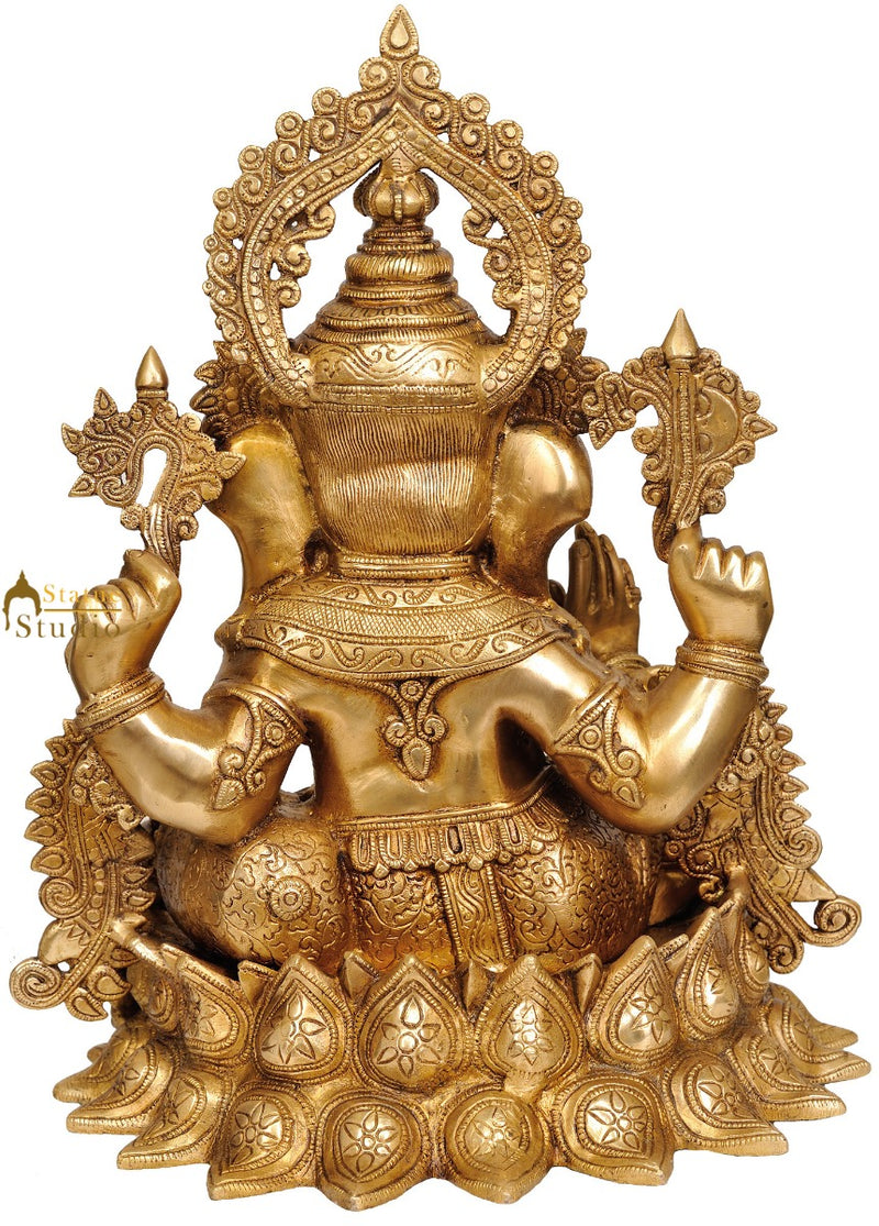 Hindu Devta Shri Ganesh Ji Statue Wearing Jewellery Sitting On Lotus Base 16"