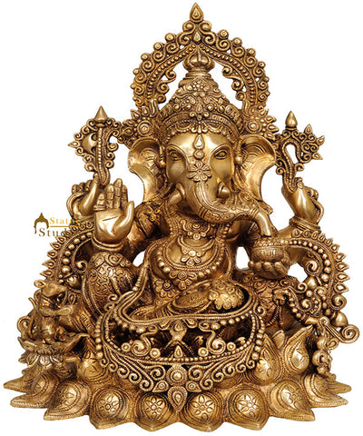 Hindu Devta Shri Ganesh Ji Statue Wearing Jewellery Sitting On Lotus Base 16"