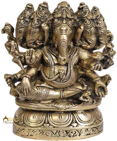 Panchmukhi Hindu God Sri Ganesha Brass Metal Statue With Five Heads With Base 8"