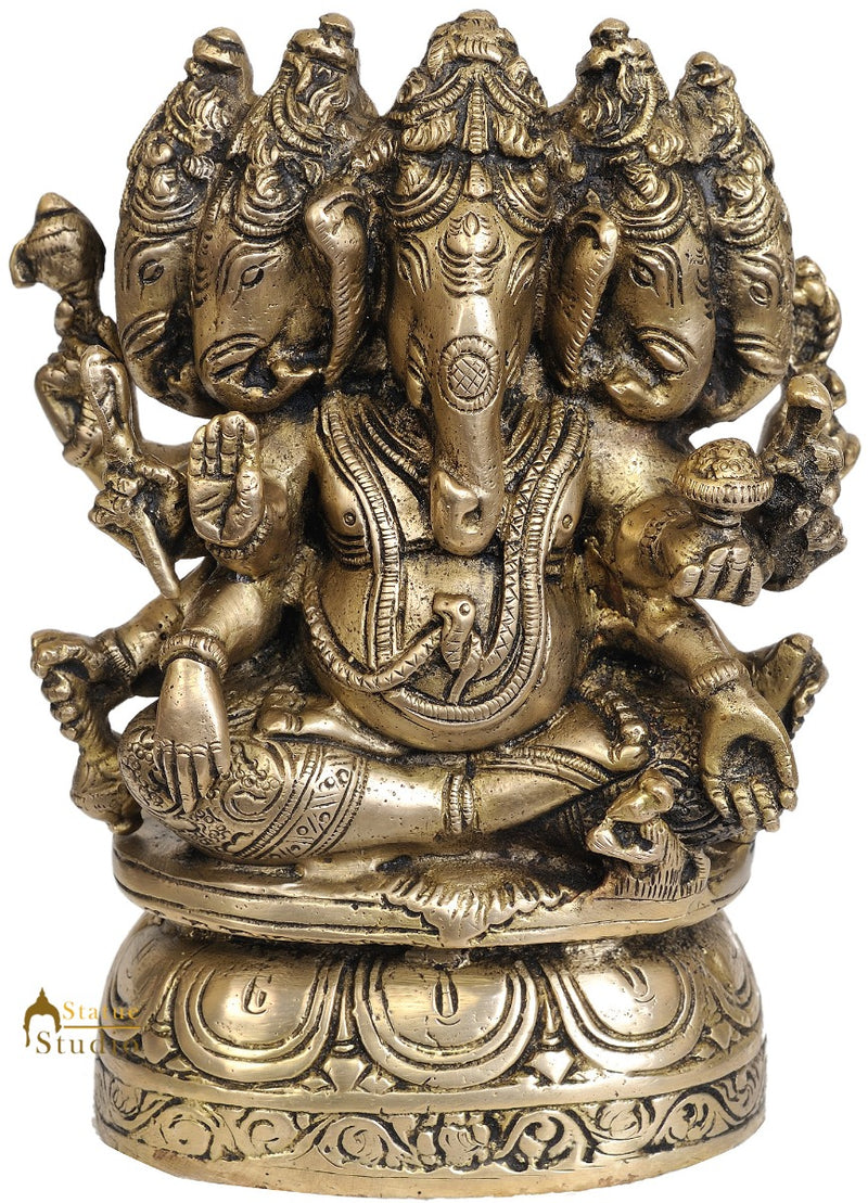 Panchmukhi Hindu God Sri Ganesha Brass Metal Statue With Five Heads With Base 8"