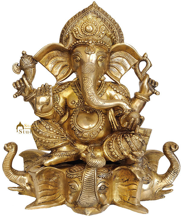 Indian Handicraft Lord Ganesh Fancy Statue Sitting On Three Elephant Heads 16.5"