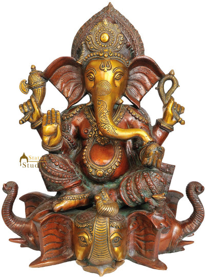 Lord Shri Ganesha Decorative Metal Statue Mounted On 3 Elephant Heads 16.5"