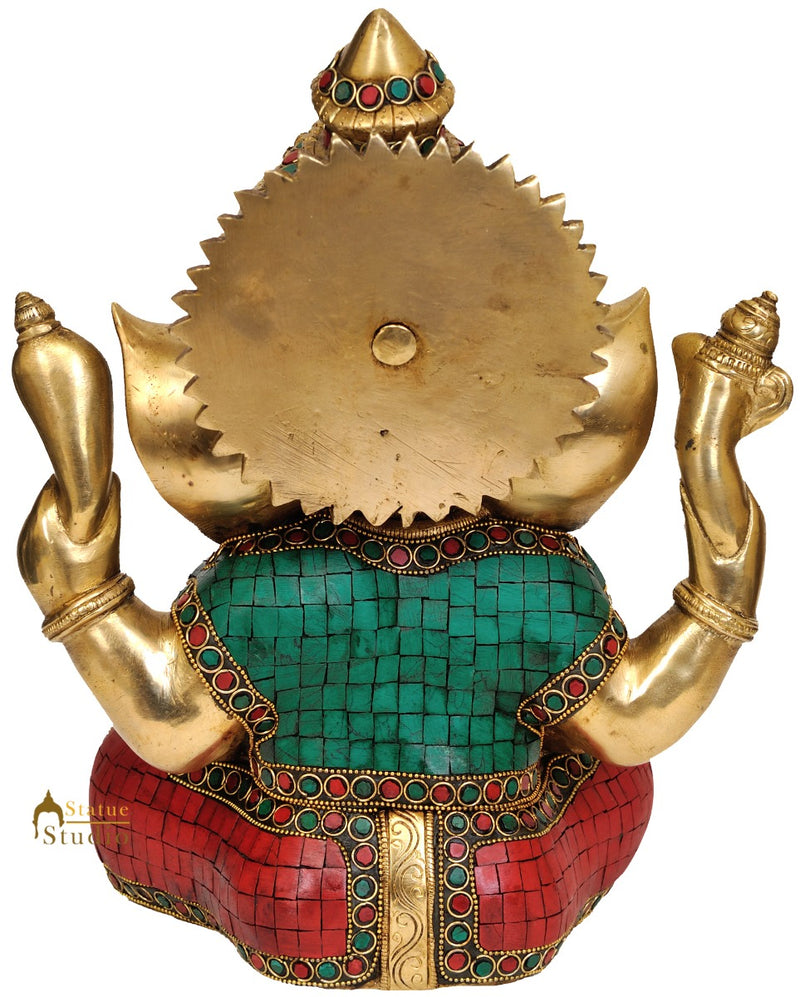 Lord Ganesha Inlay Work Turquoise Coral Metal Showpiece Fancy Gift Statue 12.2"