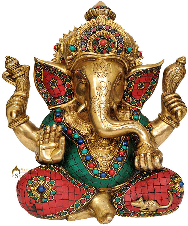 Lord Ganesha Inlay Work Turquoise Coral Metal Showpiece Fancy Gift Statue 12.2"