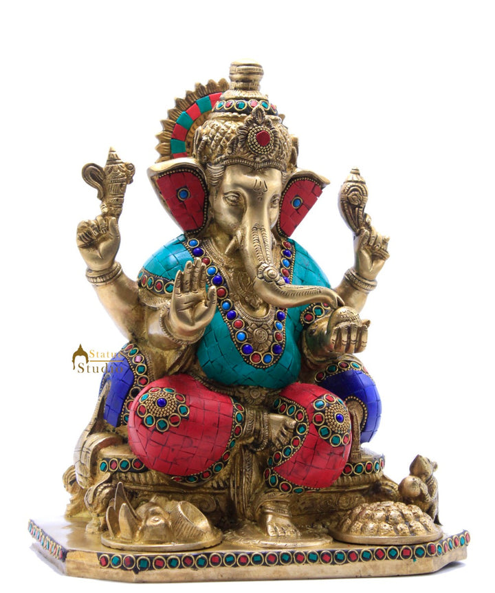 Hindu Deity Ganesha Statue With Turquoise Coral Inlay Work With Offerings 12"