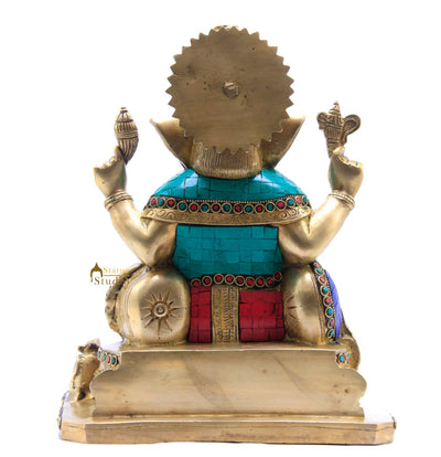 Hindu Deity Ganesha Statue With Turquoise Coral Inlay Work With Offerings 12"
