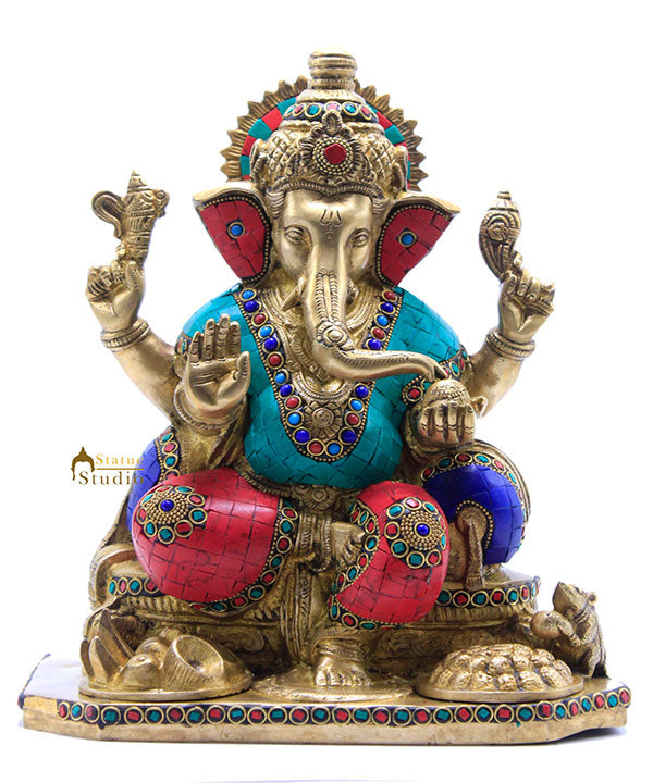 Hindu Deity Ganesha Statue With Turquoise Coral Inlay Work With Offerings 12"