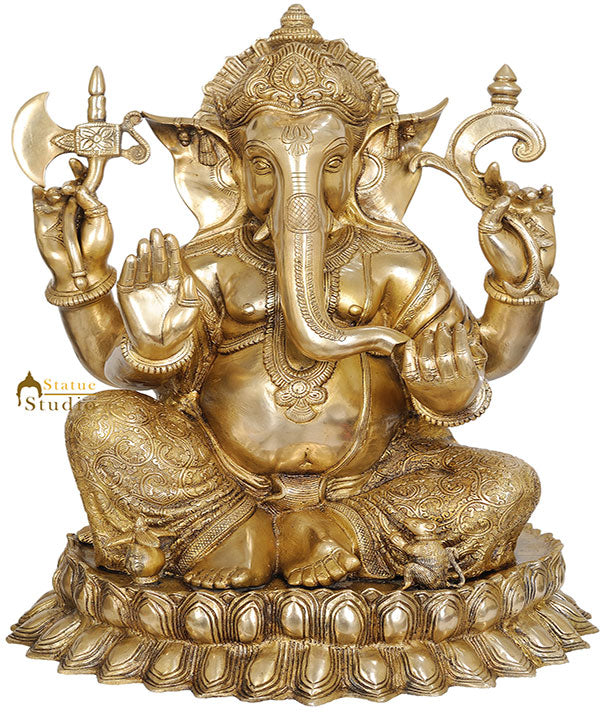 Large Size Hindu Lord Ganesha Brass Figure Sitting On Lotus Flower Showpiece 22"