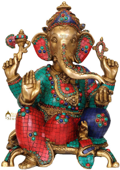 Large Turquoise Coral Fancy Inlay Work Ganesha Multicolour Showpiece Statue 18"
