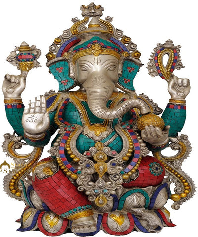 Big Turquoise Coral Multicolour Lord Ganesha Brass Statue Fancy Gifting  21.5"