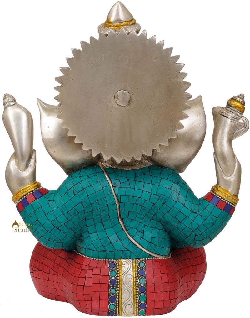 Crowned Lord Ganesha Gift Statue With Turquoise Coral Fancy Inlay Work 12.5"