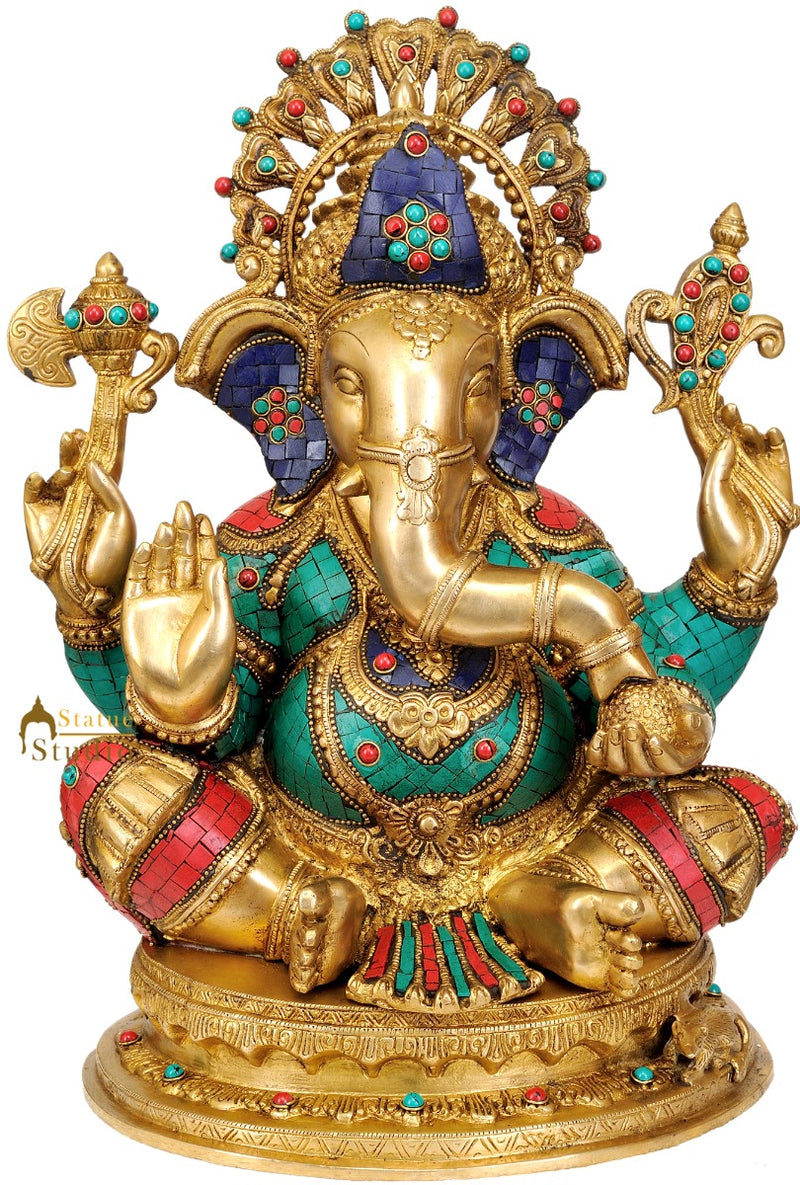 Large Size Turquoise Coral Fancy Brass Statue Lord Shri Ganesha With Base 19"