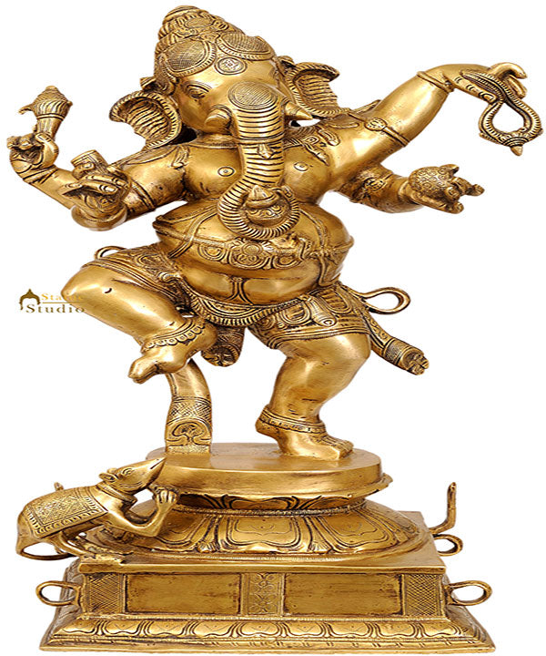 Large Brass Metal Statue Of Dancing Ganesha Decorative Figurine With Base 22.5"