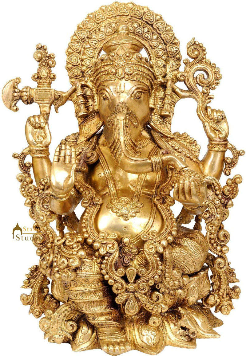Lord Ganesha Lotus Mounted Decorative Gift Statue Wearing Jewellery 16.5"