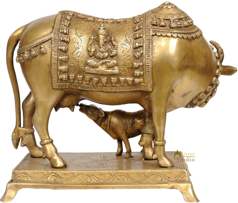 Holy Cow and Calf Brass Statue With Engraved Saddle Lord Ganesha Lakshmi 8"