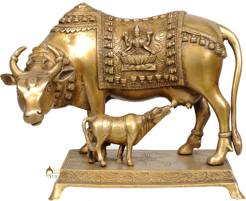 Holy Cow and Calf Brass Statue With Engraved Saddle Lord Ganesha Lakshmi 8"