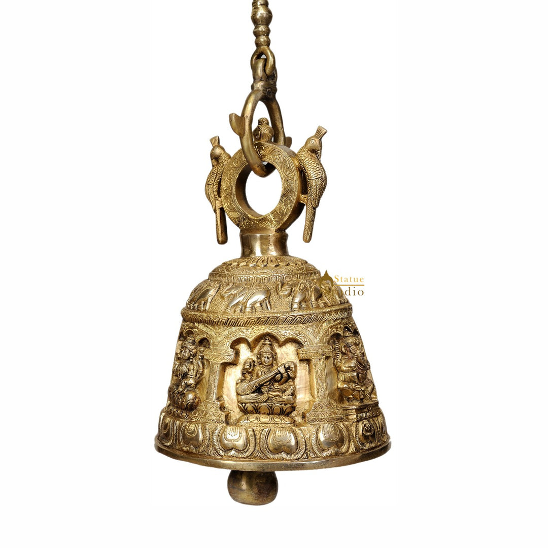 Hanging Bell Brassware Engraved Lord Ganesha Goddess Lakshmi Saraswati 13.5
