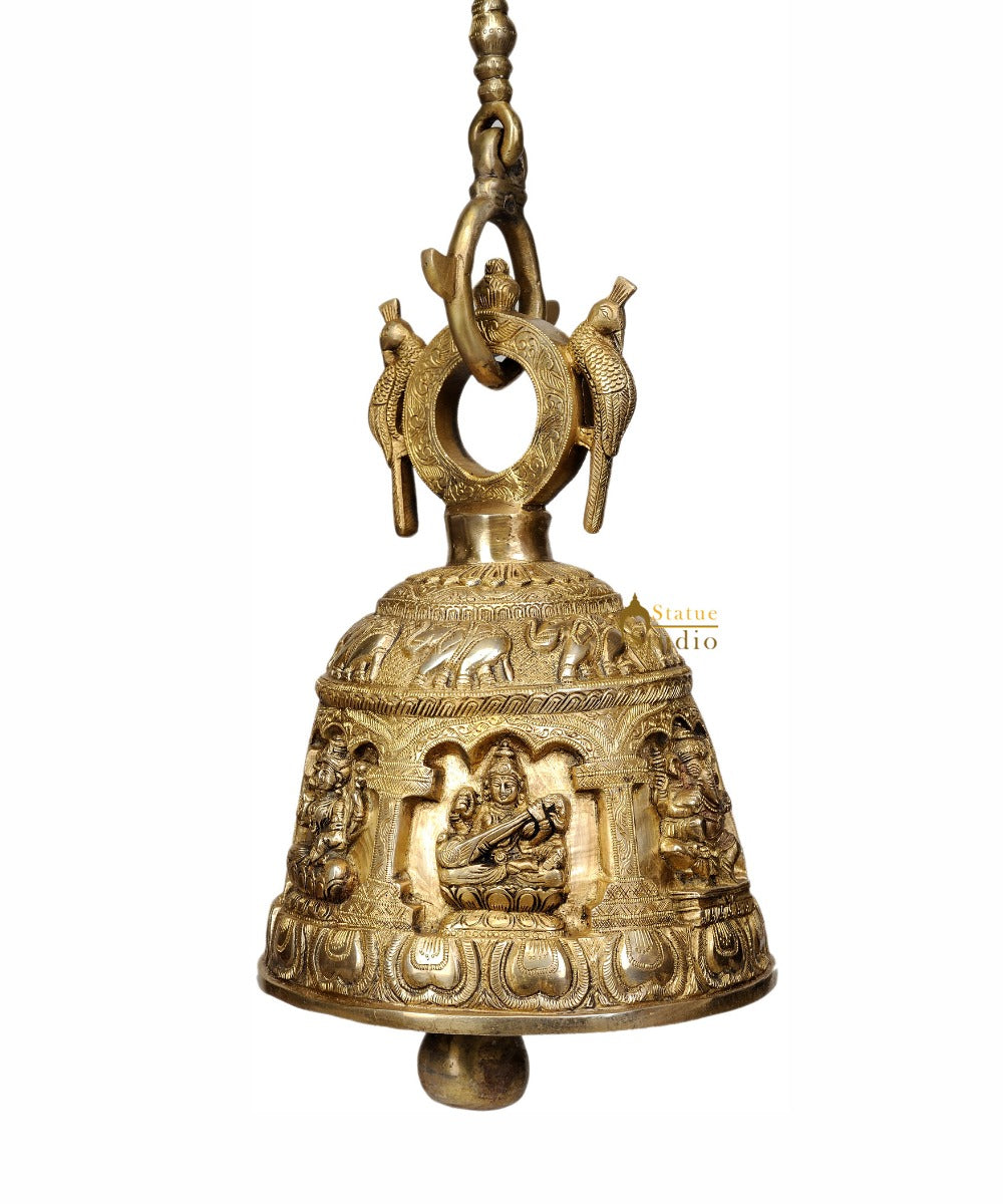 Hanging Bell Brassware Engraved Lord Ganesha Goddess Lakshmi Saraswati 13.5