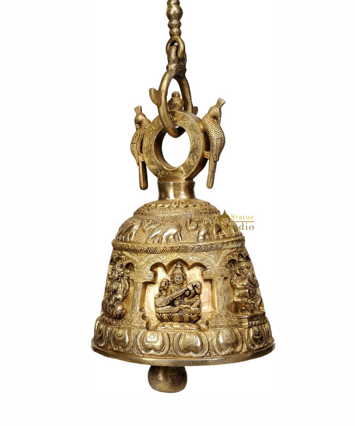 Hanging Bell Brassware Engraved Lord Ganesha Goddess Lakshmi Saraswati 13.5