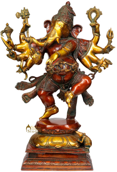 Large Size Brass Figurine 10 Arms Dancing Lord Ganesh With Weapons And Base 26"