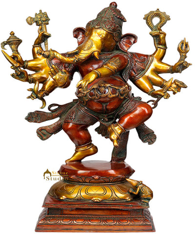 Large Size Brass Figurine 10 Arms Dancing Lord Ganesh With Weapons And Base 26"