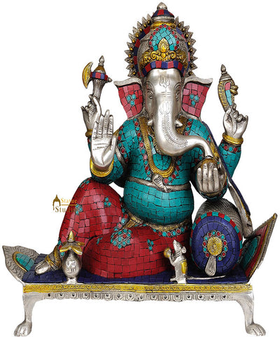 Turquoise Coral Inlay Beads Work Ganesha Statue With Pillow Chowki Gifting 16"
