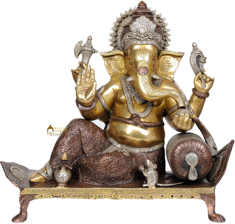 Hindu Deity Shri Ganesha Seated On Chowki Brass Statue Decorative Gifting 16"