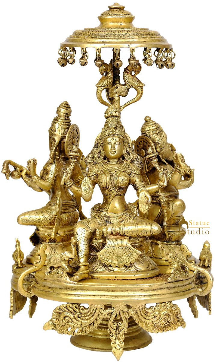 Big Lord Ganesha Goddess Lakshmi Saraswati Revolving Chowki Parasol Statue 17"