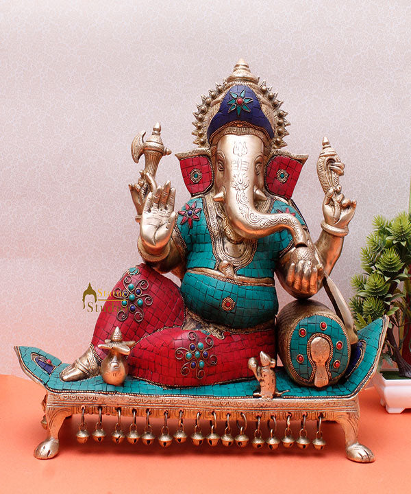 Large Multicolour Fancy Gift Lord Ganesha Figurine With Chowki And Pillow 17"