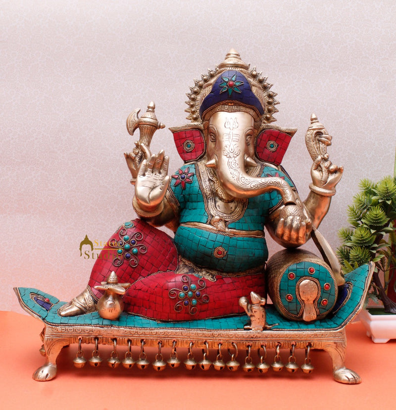 Large Multicolour Fancy Gift Lord Ganesha Figurine With Chowki And Pillow 17"