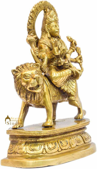 Brass maa durga statue with lion hindu goddess religious india décor 8"