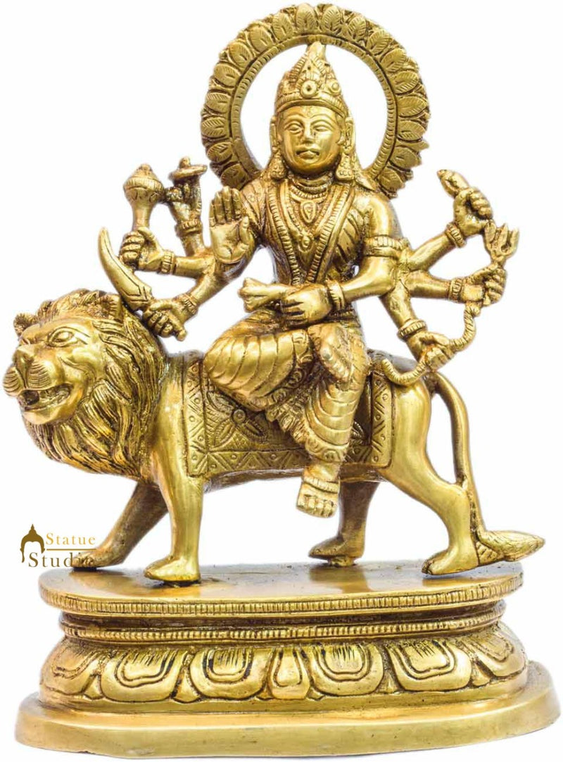 Brass maa durga statue with lion hindu goddess religious india décor 8"