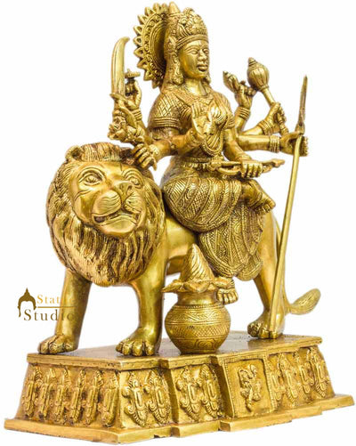 Brass maa durga statue with lion hindu goddess religious india décor 13"