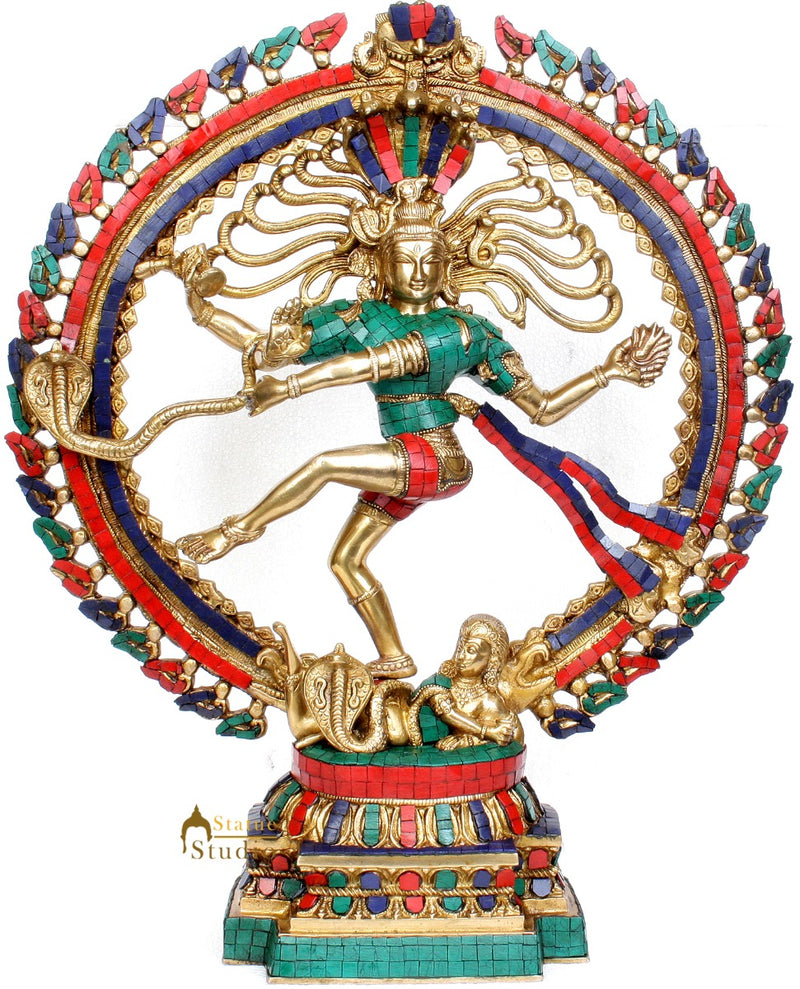 Turquoise Coral Inlay Work Dancing Lord Nataraja Statue Décor 17"