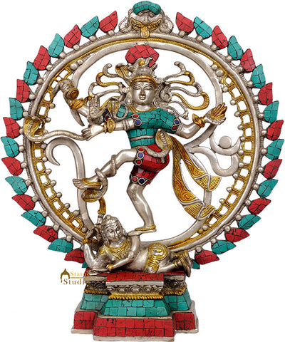 Silver Turquoise Coral Inlay Work Dancing Lord Nataraja Décor Statue 17"