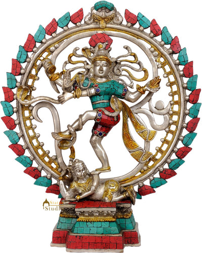 Silver Turquoise Coral Inlay Work Dancing Lord Nataraja Décor Statue 17"
