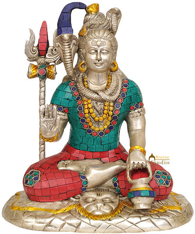 Silver Turquoise Coral Inlay Work Lord Shiva Murti Idol Spiritual Statue 10"