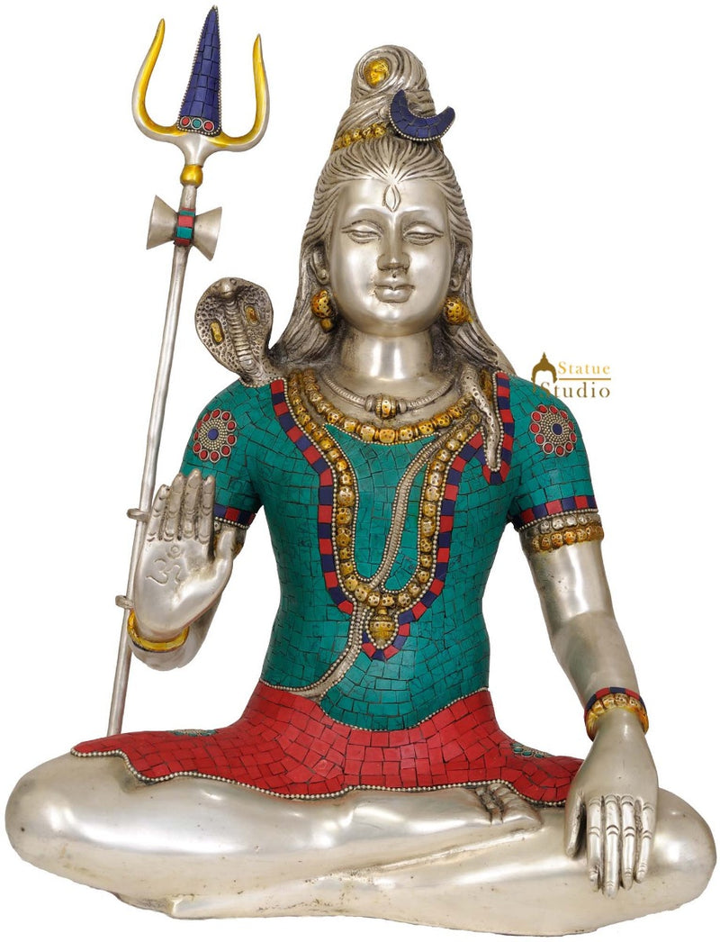 Silver Turquoise Coral Hindu Deity Lord Mahayogi Shiva Statue 20"
