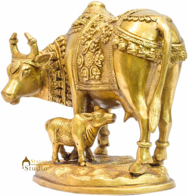 Brass hindu sacred holy cow and calf religious pair statue idol pooja figure 8"
