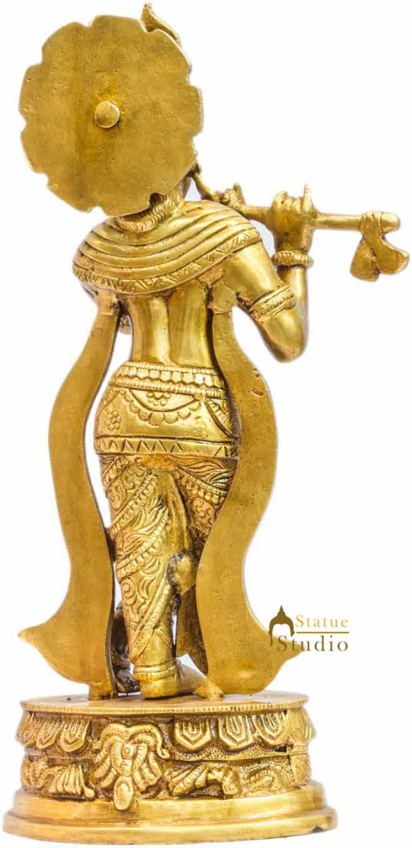 Brass hindu god deity lord krishna with flute for pooja religious décor idol 13"