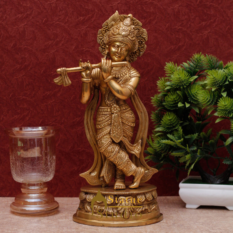 Brass hindu god deity lord krishna with flute for pooja religious décor idol 13"