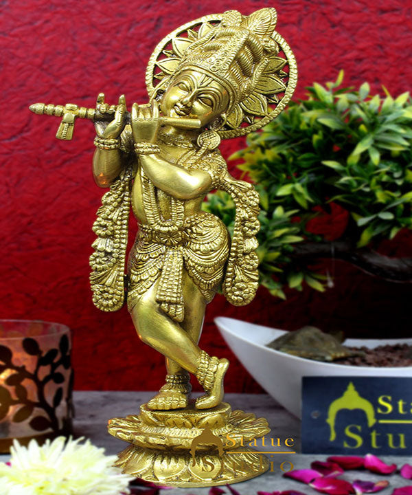 Brass hindu god deity lord krishna with flute for pooja religious décor idol 12"