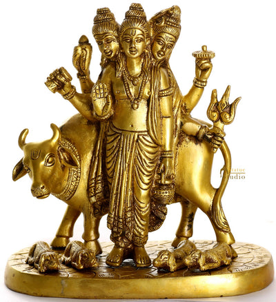 Rare Antique Brass Lord Dattatreya Idol Brahma, Vishnu Shiva Incarnation 8"
