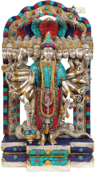 Silver Turquoise Coral Inlay Finish Vishvarupa Vishnu (Inlay Statue) 14"