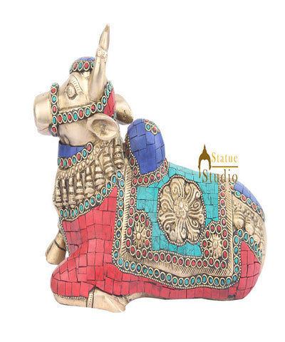Brass Indian Handicraft Hindu Sacred Holy Cow Turquoise Coral Inlay Nandi 11"